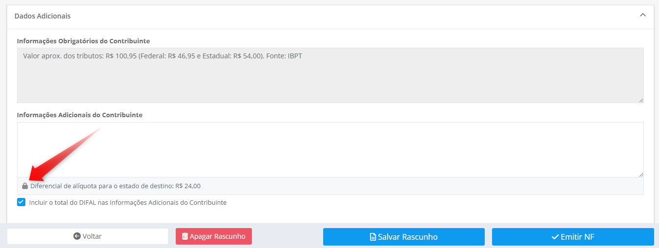card "Dados Adicionais" da NF-e com o campo "Informa&ccedil;&otilde;es Adicionais do Contribuinte" e, logo abaixo, a faixa travada "Diferencial de al&iacute;quota para o estado de destino: R$ ..." com &iacute;cone de cadeado e o checkbox marcado