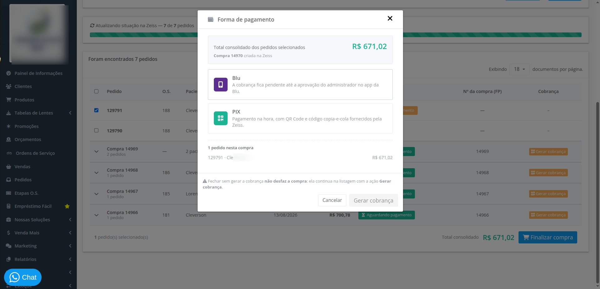 Modal de escolha da forma de pagamento (BLU ou PIX) listando os pedidos da compra