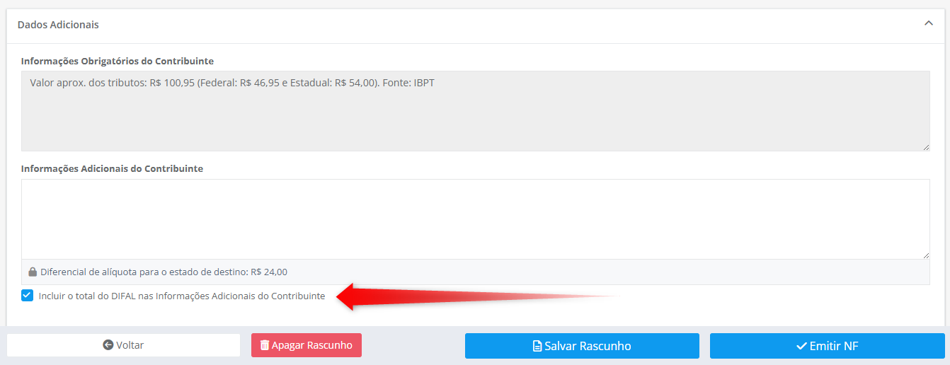 destaque da op&ccedil;&atilde;o "Incluir o total do DIFAL nas Informa&ccedil;&otilde;es Adicionais do Contribuinte", marcada