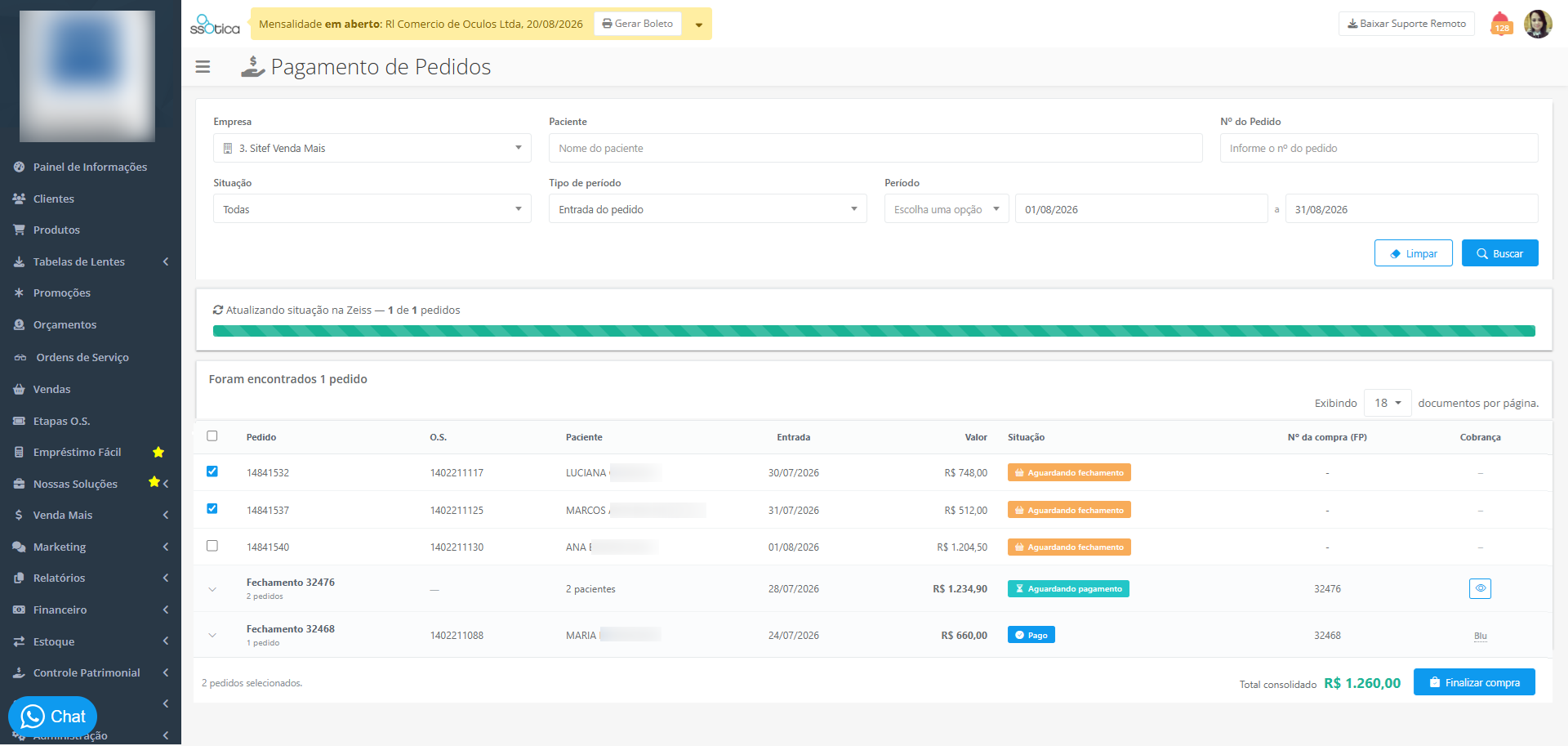 Listagem de pedidos Aguardando fechamento com checkboxes marcados e o valor total no rodapé