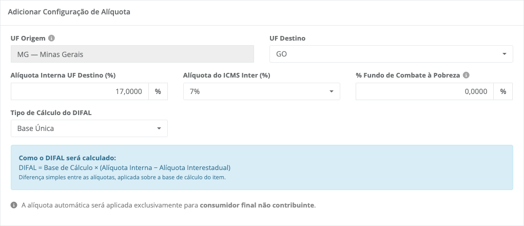 formul&aacute;rio preenchido, mostrando os 6 campos e o bloco "Como o DIFAL ser&aacute; calculado"