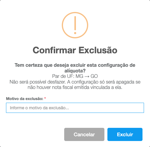 modal "Confirmar Exclus&atilde;o" com o par de UF e o campo "Motivo da exclus&atilde;o"