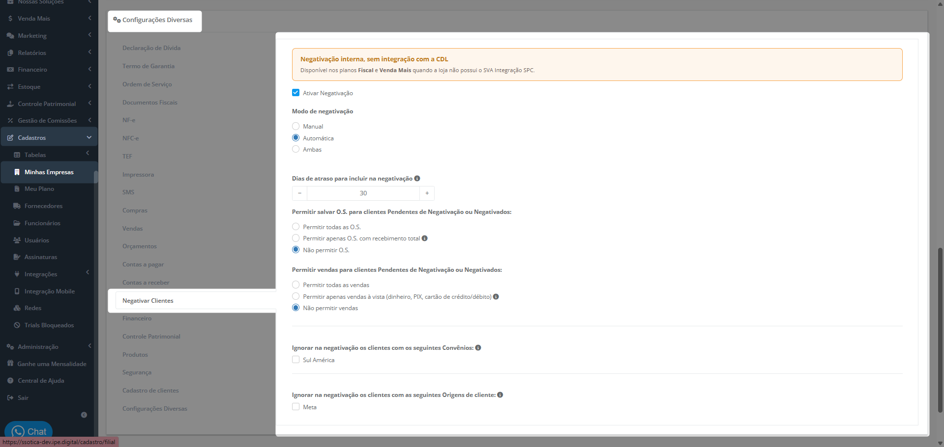 Aba Negativar Clientes em Minhas Empresas, Configurações Diversas, com Ativar Negativação marcado, modo, dias de atraso e os blocos de bloqueio de O.S. e de vendas