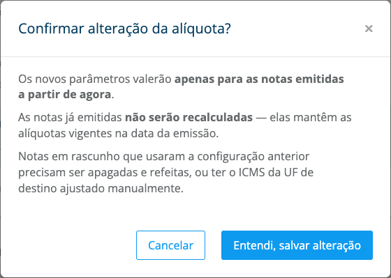 modal "Confirmar altera&ccedil;&atilde;o da al&iacute;quota?" com os bot&otilde;es "Cancelar" e "Entendi, salvar altera&ccedil;&atilde;o"