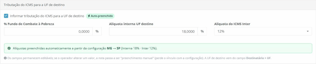 card "Tributa&ccedil;&atilde;o do ICMS para a UF de destino" preenchido, com o selo "Auto-preenchido" e a faixa de confirma&ccedil;&atilde;o