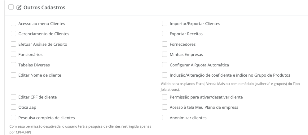 tela de Permiss&otilde;es, card "Outros Cadastros", com a permiss&atilde;o "Configurar Al&iacute;quota Autom&aacute;tica"