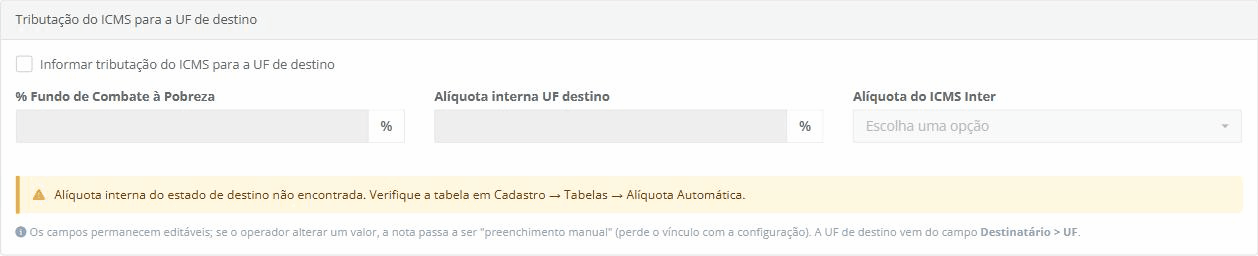 card com o aviso "Al&iacute;quota interna do estado de destino n&atilde;o encontrada..." e os campos vazios