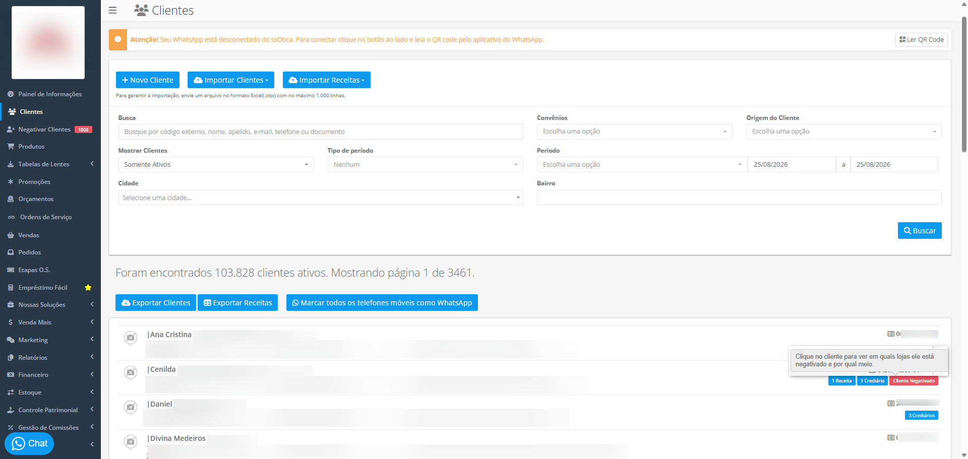 Listagem de Clientes com a tag &uacute;nica Cliente Negativado e o tooltip para clicar no cliente e ver em quais lojas ele est&aacute; negativado e por qual meio