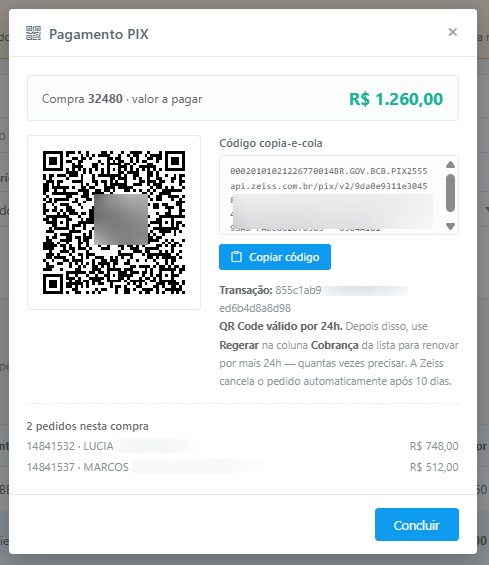 Modal do PIX com o QR Code e o código copia-e-cola