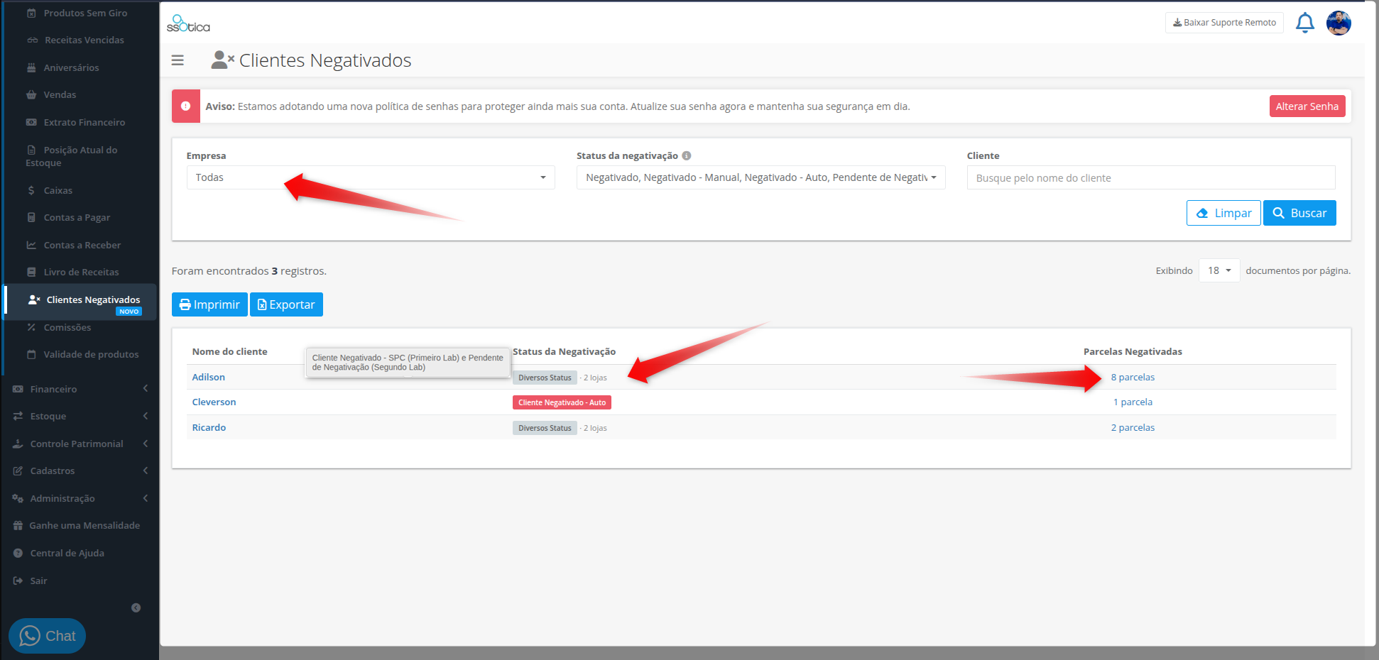 Relatório Clientes Negativados com os filtros Empresa, Status e Cliente e a lista de resultados