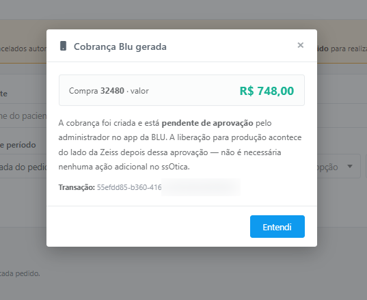 Modal Cobrança Blu gerada, com o valor da compra e a orientação de aprovar no app da Blu