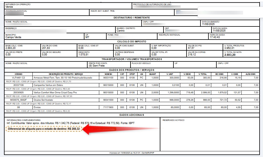 trecho "Informa&ccedil;&otilde;es Complementares" do DANFE mostrando a linha "Diferencial de al&iacute;quota para o estado de destino: R$ ..."