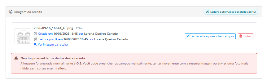 Mensagem "N&atilde;o foi poss&iacute;vel ler os dados desta receita" no bloco, com a imagem ainda anexada