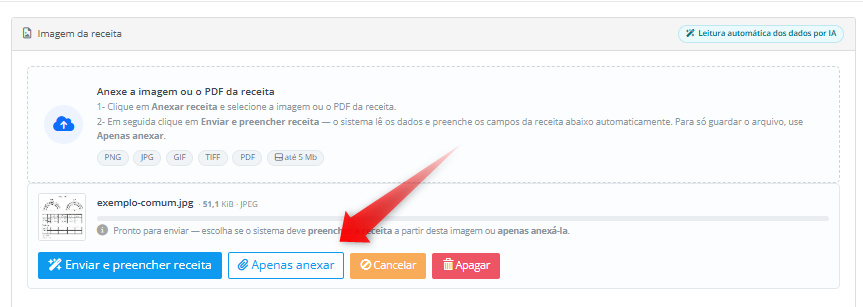 Bot&atilde;o "Apenas anexar" em destaque no bloco da imagem da receita