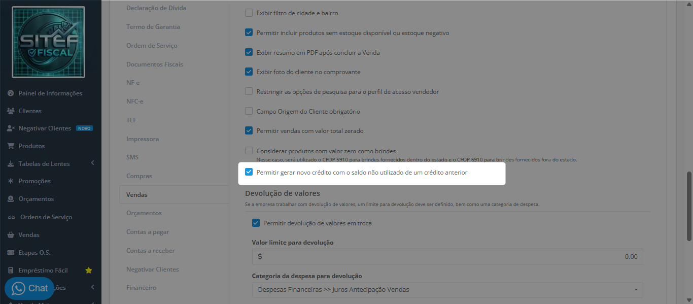 configuração de Vendas com a nova permissão em destaque