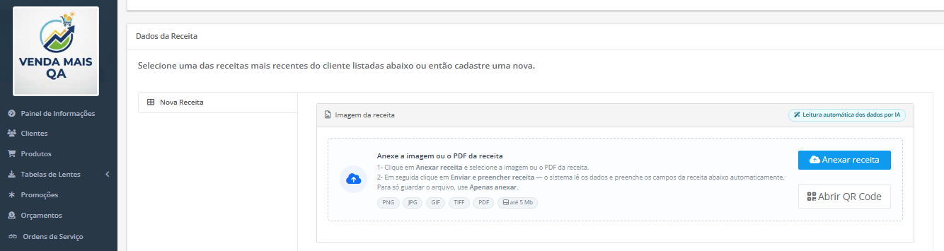 Bloco "Imagem da receita" no topo do card, com o selo "Leitura autom&aacute;tica dos dados por IA" e a &aacute;rea de anexo