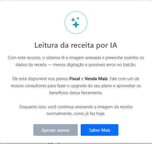 Modal "Leitura da receita por IA" com os bot&otilde;es "Saber Mais" e "Apenas anexar"