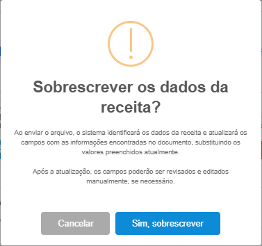 Modal "Sobrescrever os dados da receita?" com os bot&otilde;es "Cancelar" e "Sim, sobrescrever"