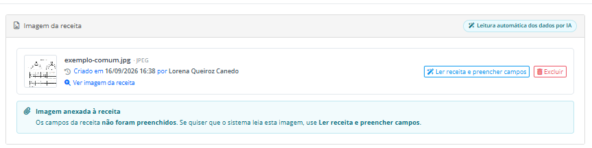 Imagem j&aacute; anexada exibindo a a&ccedil;&atilde;o "Ler receita e preencher campos"