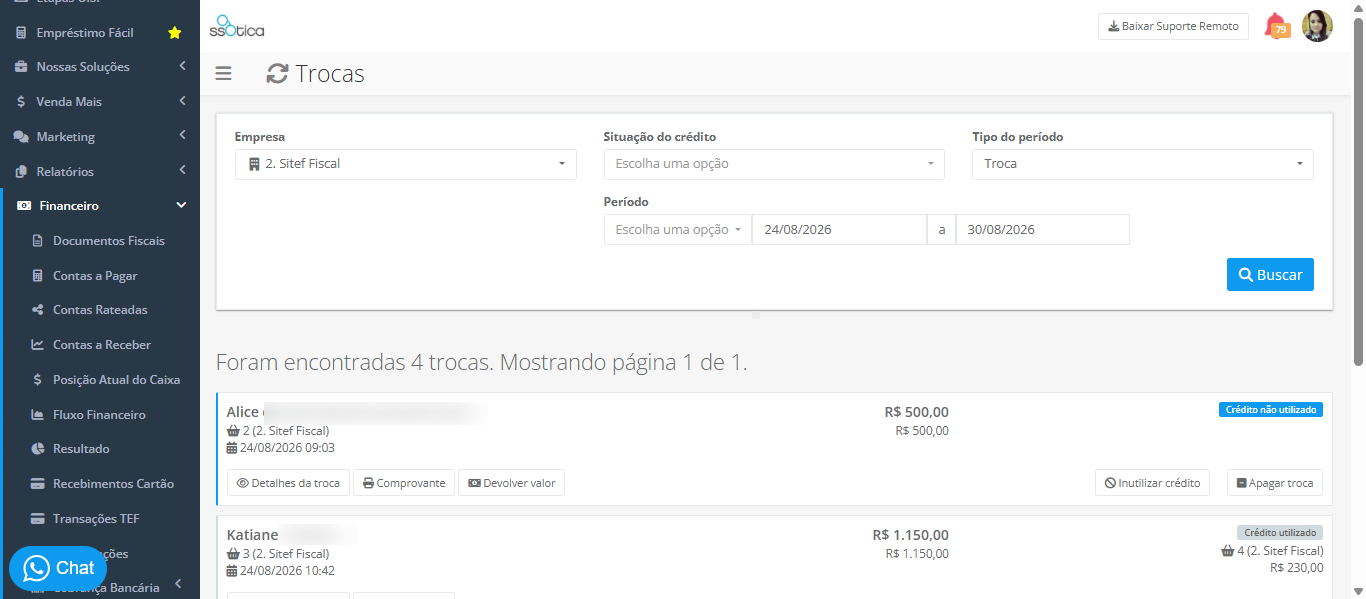 listagem Financeiro » Trocas com situação do crédito e ações